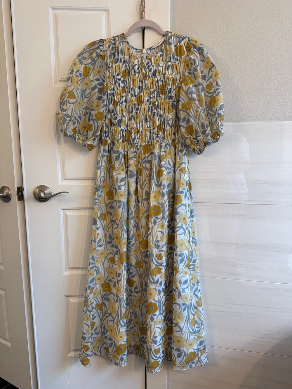 Rebecca Taylor Yellow and Blue Floral Puff-Sleeve Dress